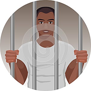 Black skin man behind bars in round button isolated