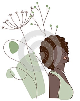 Black skin woman body silhouette. Beauty ethnic character of African, American with simple shapes and plant vector