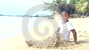 Black skin young girl on the beach. Relaxing and recreation on summer holiday