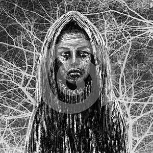 Black skinned shaman girl in hood. Black and white background