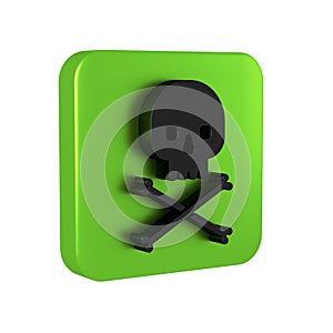 Black Skull on crossbones icon isolated on transparent background. Green square button.