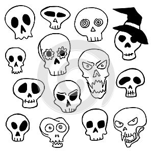 Black skull set. Skull in black hat. Collection of silhouettes for halloween.