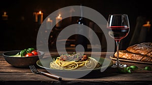 a black slate with hot italian spaghetti with pesto on the left side of a long Oak wood table