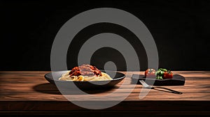 a black slate with hot italian spaghetti with pesto on the left side of a long Oak wood table