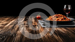 a black slate with hot italian spaghetti with pesto on the left side of a long Oak wood table