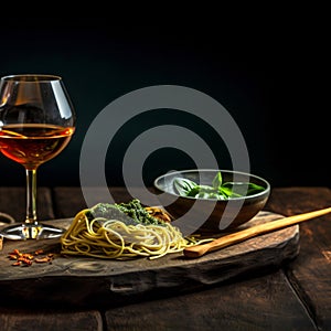 a black slate with hot italian spaghetti with pesto on the left side of a long Oak wood table