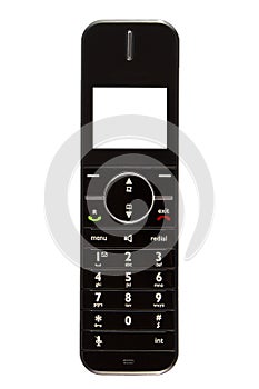 Black sleek and stylish cordless phone receiver on white background