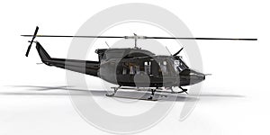 Black small military transport helicopter on white isolated background. The helicopter rescue service. Air taxi