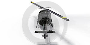 Black small military transport helicopter on white isolated background. The helicopter rescue service. Air taxi