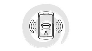 Black Smart car alarm system line icon on white background. The smartphone controls the car security on the wireless. 4K