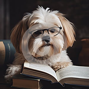 Black smart dog in eyeglasses. Generative AI.
