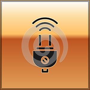Black Smart electric plug system icon isolated on gold background. Internet of things concept with wireless connection