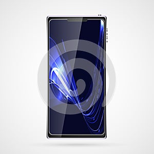 Black smart mobile phone smartphone with touch screen, modern realistic mobile device with abstract magic energy screensaver