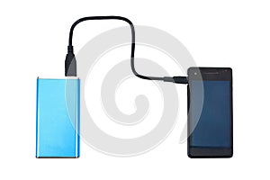 Black smart phone charger with blue power bank batter bank isolated on white background. Power bank and smart phone isolated
