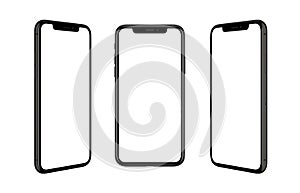 Black smart phone isolated in three positions. Isolated screen for mockup