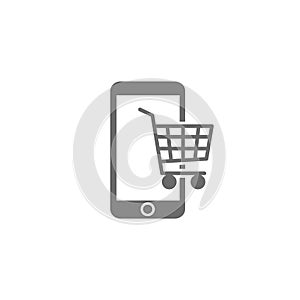 Black smart phone with shopping cart. Flat vector simple icon. web store illustration