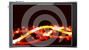 Black smart tablet smartphone with touchscreen, modern realistic mobile device with abstract magic energy splash, wallpaper