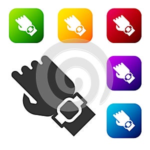 Black Smart watch on hand icon isolated on white background. Fitness App concept. Set icons in color square buttons