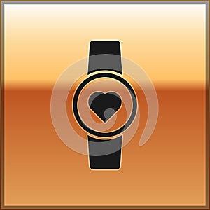 Black Smart watch showing heart beat rate icon isolated on gold background. Fitness App concept. Vector