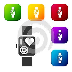 Black Smart watch showing heart beat rate icon isolated on white background. Fitness App concept. Set icons in color