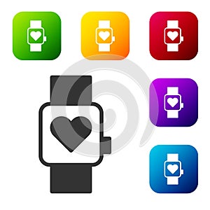 Black Smart watch showing heart beat rate icon isolated on white background. Fitness App concept. Set icons in color