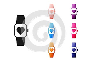 Black Smart watch showing heart beat rate icon isolated on white background. Fitness App concept. Set icons colorful