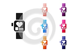 Black Smart watch showing heart beat rate icon isolated on white background. Fitness App concept. Set icons colorful