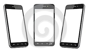 Black smartphone with blank screen left, right and front view.