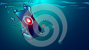 Black smartphone fall in water. Mobile smart phone sinks underwater surface. Electronic waterproof or water resistance phone