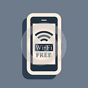 Black Smartphone with free wi-fi wireless connection icon isolated on grey background. Wireless technology, wi-fi