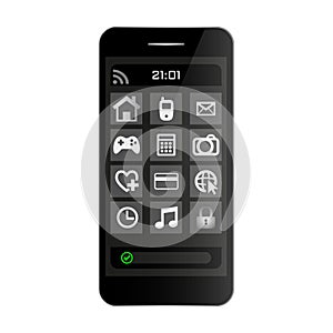 Black smartphone mobile phone front view with menu on screen and clock. Smartphone black color on white bckground vector eps10