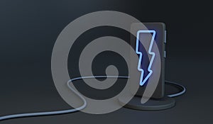 Black smartphone over charging pad with neon lightning symbol on the screen. 3d render fast charging phone illustration