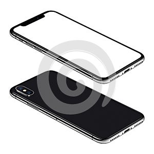 Black smartphone similar to iPhone X mockup front and back sides isometric view CCW rotated lies on surface