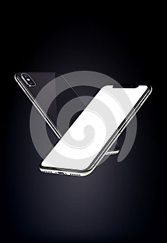 Black smartphones like iPhone X mockup soaring in the air on dark background