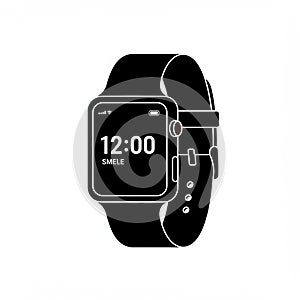 Black smartwatch illustration with a rectangular face, displaying 