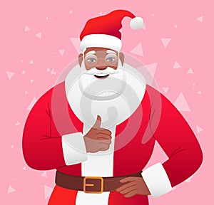 Black smiling Santa Claus shows a Like sign with his hand. The African Santa approves of it. New Year\'s card