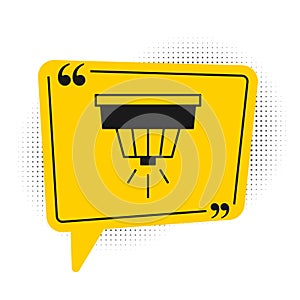 Black Smoke alarm system icon isolated on white background. Smoke detector. Yellow speech bubble symbol. Vector