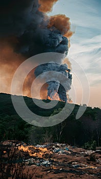 Black smoke billows as forest fire consumes woods and garbage