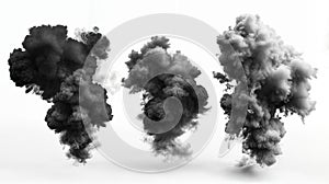 Black smoke clouds isolated on white background