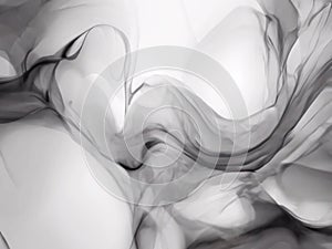 Black smoke-like waves creating fluid with smooth curves and flowing motion. Swirling patterns on white background