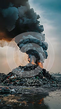 Black smoke rises from burning garbage pile, environmental disaster