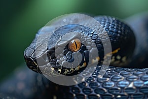 A black snake with yellow spots curled up in a ball