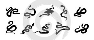 Black snakes. Silhouettes of reptiles with long tails. Wild serpents set. Simple shapes on white. Dangerous vertebrate animals