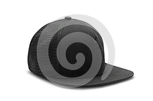 Black snapback cap isolated on white background with clipping path.