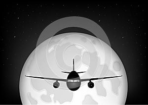 Black snd white airplane flying against th background of the full moon and the starry night sky, horizontal vector illustration