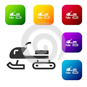 Black Snowmobile icon isolated on white background. Snowmobiling sign. Extreme sport. Set icons in color square buttons