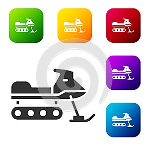 Black Snowmobile icon isolated on white background. Snowmobiling sign. Extreme sport. Set icons in color square buttons