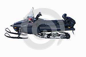 Black snowmobile ski-doo isolated on cut out PNG or transparent background.