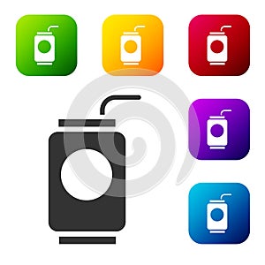 Black Soda can with drinking straw icon isolated on white background. Set icons in color square buttons. Vector