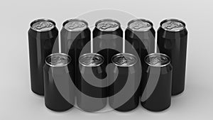 Black soda cans standing in two raws on white background